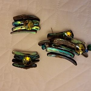 Abalone pin 3 x 1 half and clip earrings. Vintage new  with Swarovski crystals
